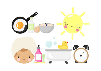 Set on the theme of the morning routine, including alarm clock, milk, sun, eggs, bathroom, croissant, girl, care cosmetics. Vector illustration in cartoon style.