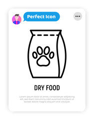 Dry food packet with paw thin line icon. Modern vector illustration for pet shop.