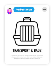 Pet transport bag thin line icon. Modern vector illustration of carrying equipment for cat or dog.