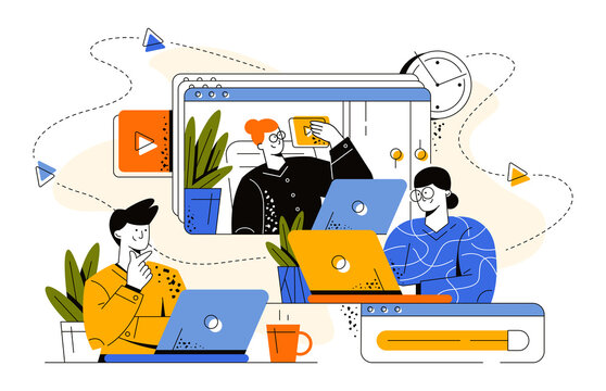 People work, study, communicate online via video conferences. Girl with glasses holding a big play button. The guy sits at home in front of a laptop and talks with colleagues online. Vector