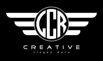 LCR three letter monogram type circle letter logo with wings vector template.	
