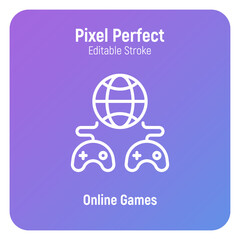 Online games thin line icon. Two gamepads are connected with globe. Pixel perfect, editable stroke. Vector illustration.