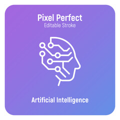 Fototapeta na wymiar Artificial intelligence thin line icon. Deep learning. Human face with processor. Machine learning. Pixel perfect, editable stroke. Vector illustration.