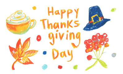 Set of Thanksgiving wax illustrations on white isolated background in doodle.A collection of textured,autumn,brightly colored hand drawn oil pastel pictures in a children's style.Designs for stickers.