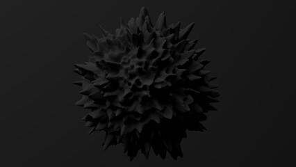 Black deformed sphere, black background. Abstract monochrome illustration, 3d render.
