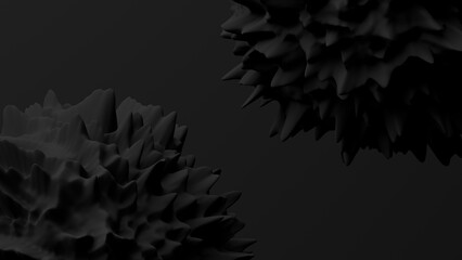 Two black deformed spheres, black background. Abstract monochrome illustration, 3d render.