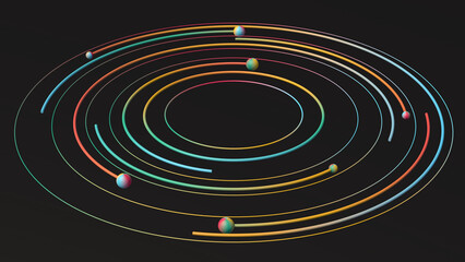 Obraz premium Blue, green, red, yellow circles and balls. Abstract illustration, 3d render, close-up.