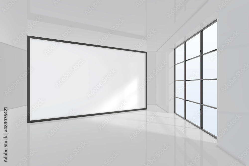 Poster blank white banner in empty open space office with big window. 3d rendering.
