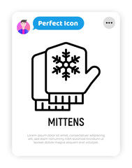 Mittens with snowflake thin line icon. Modern vector illustration of winter accessories.
