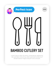 Bamboo cutlery set thin line icon. Zero waste. Modern vector illustration.