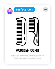 Wooden comb thin line icon. Zero waste. Modern vector illustration, element of logo for hairdresser, barber shop.
