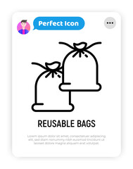 Reusable textile bags for vegetable and fruits thin line icon. Modern vector illustration of zero waste eco bags.