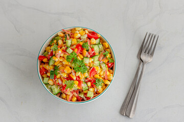 Healthy Sweet Corn Salad Top Down Photo on White Background