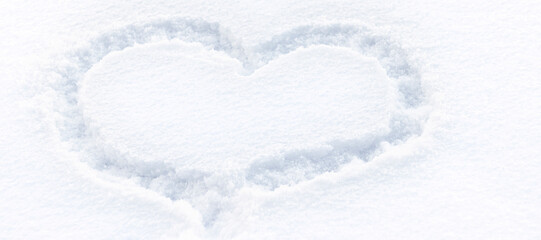 banner with Heart drawn on snow. Winter landscape. Soft focus