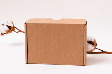 Brown cardboard box on white background with cotton flower