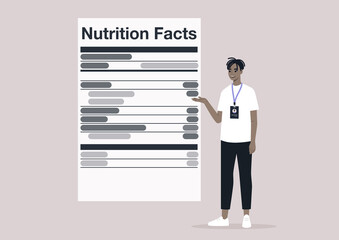 Nutrition facts, added sugar, healthy lifestyle, the balance of ingredients in daily ration, a young character with a badge explaining a product label
