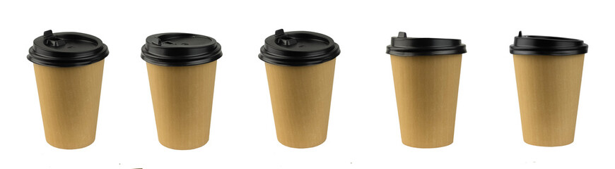 Disposable brown glasses with black plastic lids isolated on white background. Five glasses on a white background.