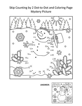Skip counting by 2 dot-to-dot and coloring page - snowman. Answer included.
