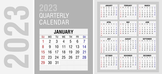 Quarterly calendar for 2023 in English. Week starts on Sunday. Calendar grid for each month. Editable vector calendar template for your corporate identity. Modern monthly calendar with space for notes
