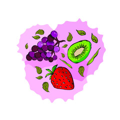 Fruits digital illustration. Set of grape, strawberry, kiwi, and leaves on a purple background with watercolor spots. Printing on a business card, banner, juice packaging, poster, textile. 