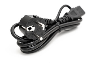 black power cable for PC, monitor, equipment on white background. a cord that has a connector on one end and a plug on the other end. - obrazy, fototapety, plakaty