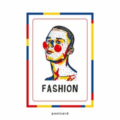 Portrait of a dark-skinned guy with freckles. Colors - red, blue, yellow, black. Rosy cheeks. Abstract style, linear abstraction. Modern portrait, print on T-shirts,  posters, fashion, design.
