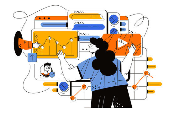 Digital PR agency. PR managers work as a team in front of large screens with graphs. A girl manager manages digital data. Hand points the girl to the chart. Flat vector illustration