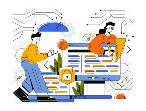 QA team fixes bugs, protects from malware. Testing and quality assurance. A young man goes to a huge screen with an umbrella in his hands. A girl draws a protection icon with a pencil. Vector