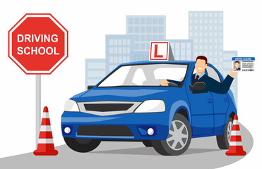 Smiling man in a jacket and tie sits in a blue training car and shows his driver license. City landscape in the background. Design concept driving school or learning to drive. Vector illustration