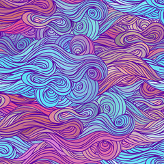 Vector color abstract hand-drawn hair pattern with waves and clouds. Asian style element for design.