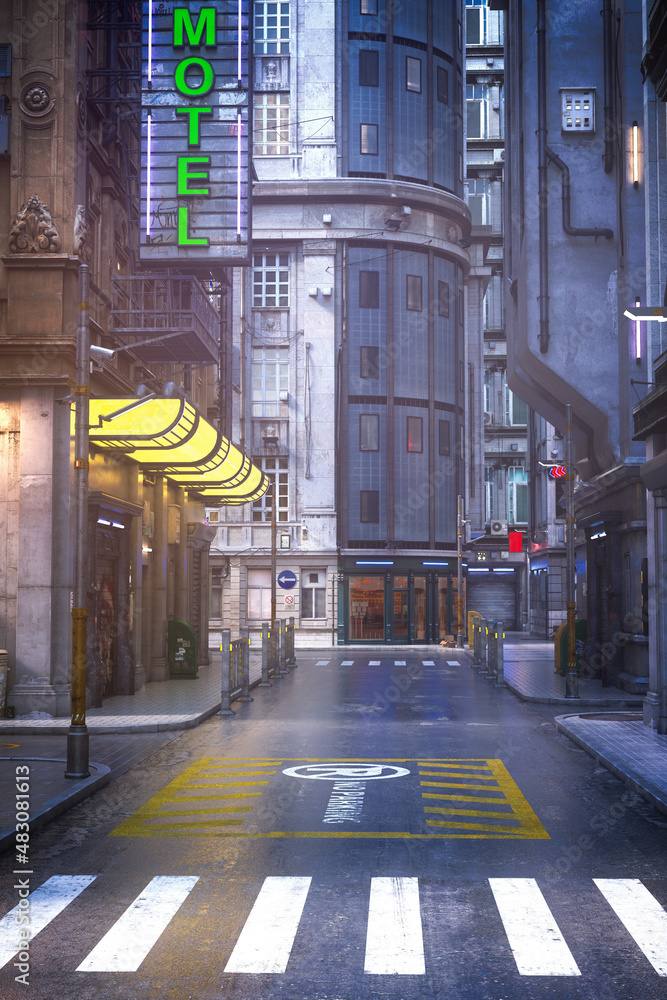 Poster portrait format 3d rendering of a dark moody old city street in a seedy downtown area.