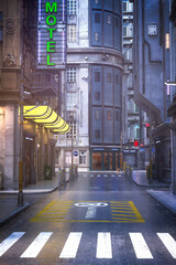 Portrait format 3D rendering of a dark moody old city street in a seedy downtown area. - obrazy, fototapety, plakaty