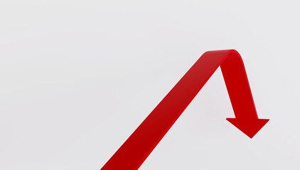 Perspective red arrow turn down on white background, crisis financial business or invesment concept. Abstract 3d rendering illustration