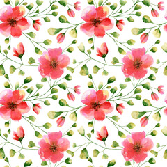 Seamless roses pattern. Watercolor floral background with pink and red flower, leaf, branch, bud. Botanical illustration for textile, wrapping paper