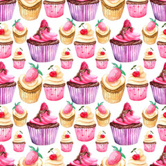 Watercolor seamless pattern with sweet dessert elements. Cupcakes with berries on a white background.