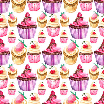 Watercolor seamless pattern with sweet dessert elements. Cupcakes with berries on a white background.