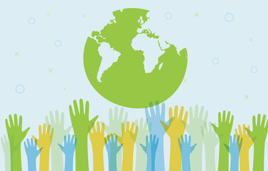 save the world Ecology concept. silhouettes of hands raised up Suitable for posters flyers banners for Earth Day - 483082607