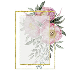 Pink roses and green leaves Rectangle Frame, Watercolor floral polygonal frame, Elegant Gold Glitter geometric frame, Hand painted illustration for design, wedding, birthday, decoration, Tender flower