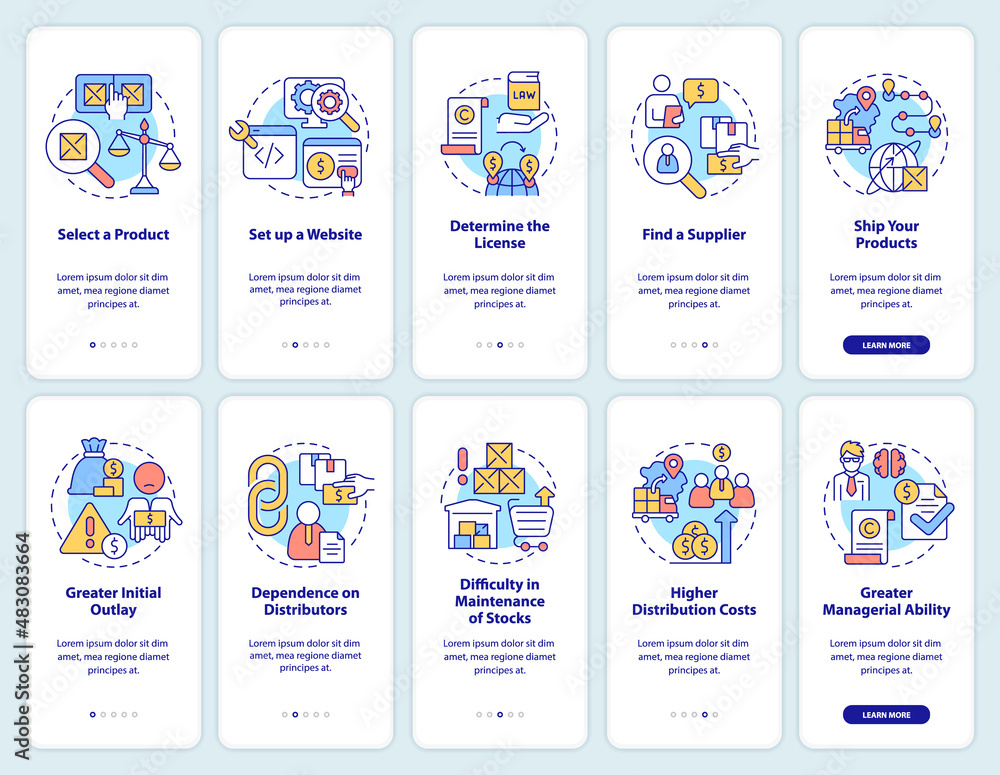 Poster export and import business onboarding mobile app screen set. walkthrough 5 steps graphic instruction