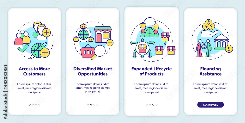 Poster export business advantages onboarding mobile app screen. walkthrough 4 steps graphic instructions pa