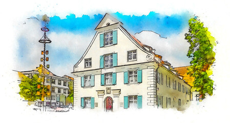 Castle square (Schlossplatz) with a maypole next to a beautiful old building in the center of Aulendorf, Germany, watercolor sketch illustration. - obrazy, fototapety, plakaty