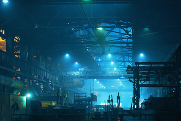 Interior of big industrial building inside in blue color. Factory hangar or workshop with steel constructions. Metallurgy plant. heavy industry.