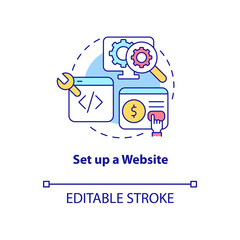 Set up website concept icon. Online site for sales. How to start export business abstract idea thin line illustration. Isolated outline drawing. Editable stroke. Arial, Myriad Pro-Bold fonts used