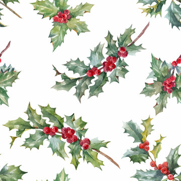 Beautiful vector floral christmas seamless pattern with hand drawn watercolor holly branches. Stock 2022 winter illustration.