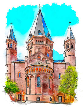 Mainz Cathedral or St. Martin's Cathedral (Mainzer Dom), located near the historical center of the city of Mainz, Germany, watercolor sketch illustration.