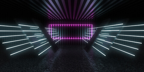 3D abstract background with neon lights. neon tunnel  .space construction . .3d illustration