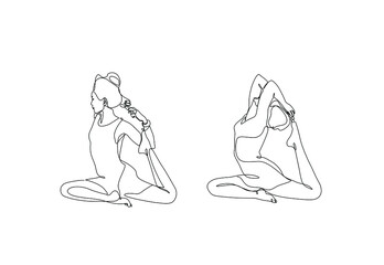 Yoga pose silhouettes of woman continuous line drawing, girl practicing yoga single line on white background, isolated vector black and white illustration.