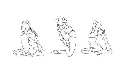 Yoga pose silhouettes of woman continuous line drawing, girl practicing yoga single line on white background, isolated vector black and white illustration.