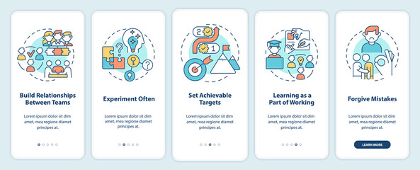 Employee engagement ideas onboarding mobile app screen. Experiment often walkthrough 5 steps graphic instructions pages with linear concepts. UI, UX, GUI template. Myriad Pro-Bold, Regular fonts used