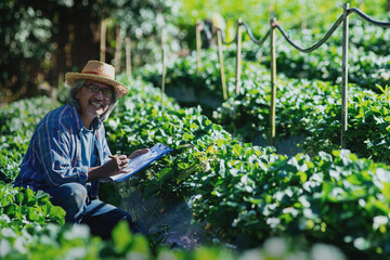 Asian farmer holding a clipboard checking the quality of the strawberry, Agriculture concept